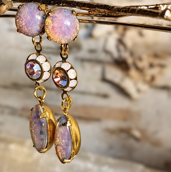 Pink Fire Opal & Rose Opal Flower Crystal Drop Down Earrings - Picture 3 of 5